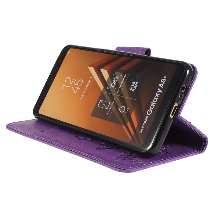 Imprinted Butterfly Flowers Card Holder Leather Stand Mobile Phone Cover Shell for Samsung Galaxy A8+ (2018) - Purple-5