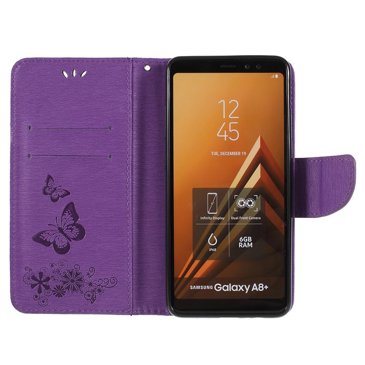 Imprinted Butterfly Flowers Card Holder Leather Stand Mobile Phone Cover Shell for Samsung Galaxy A8+ (2018) - Purple-6
