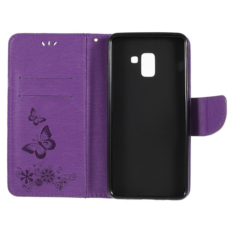 Imprinted Butterfly Flowers Card Holder Leather Stand Mobile Phone Cover Shell for Samsung Galaxy A8+ (2018) - Purple-7