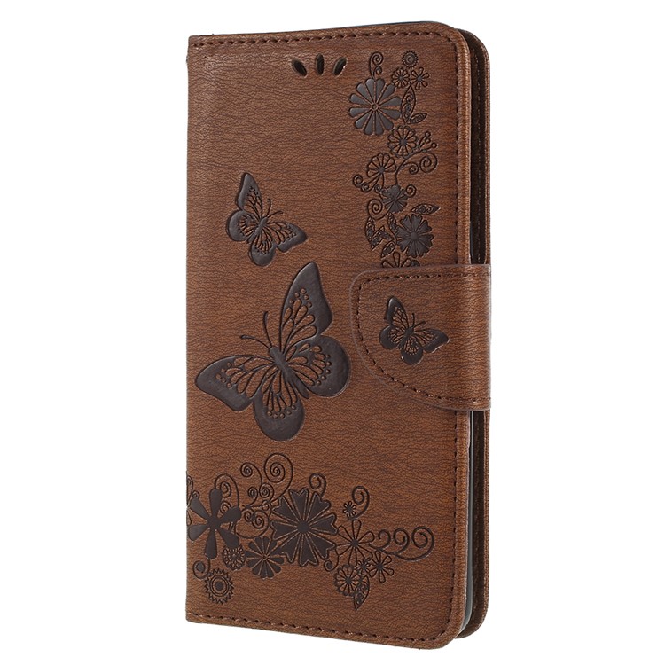 Imprinted Butterfly Flowers Wallet Leather Protection Mobile Phone Case Cover for Samsung Galaxy A8+ (2018) - Brown-2