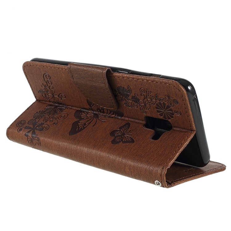 Imprinted Butterfly Flowers Wallet Leather Protection Mobile Phone Case Cover for Samsung Galaxy A8+ (2018) - Brown-5