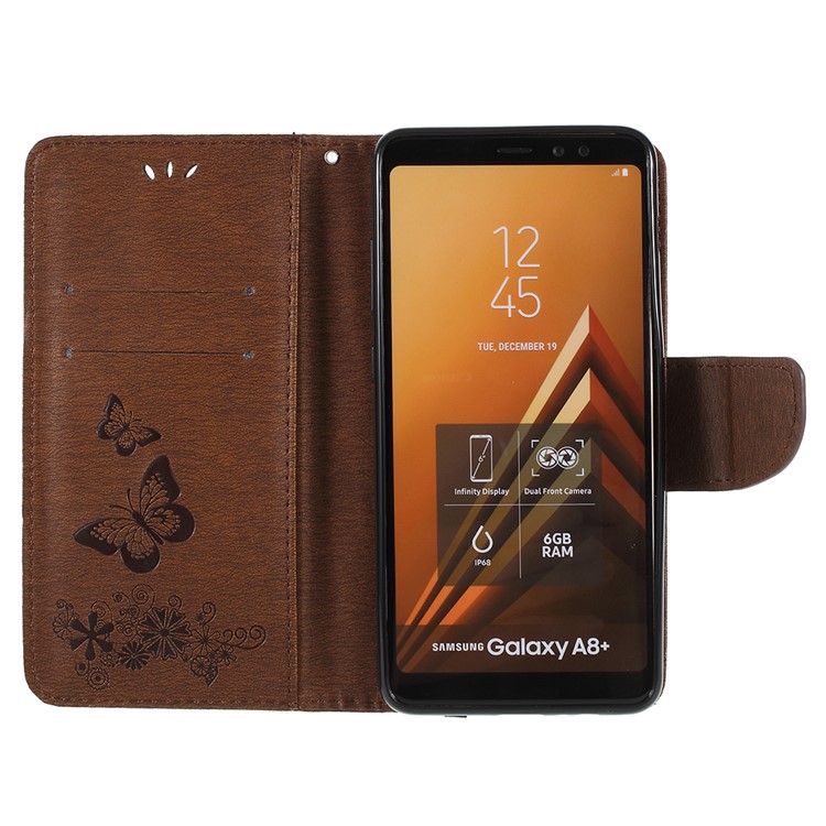 Imprinted Butterfly Flowers Wallet Leather Protection Mobile Phone Case Cover for Samsung Galaxy A8+ (2018) - Brown-6