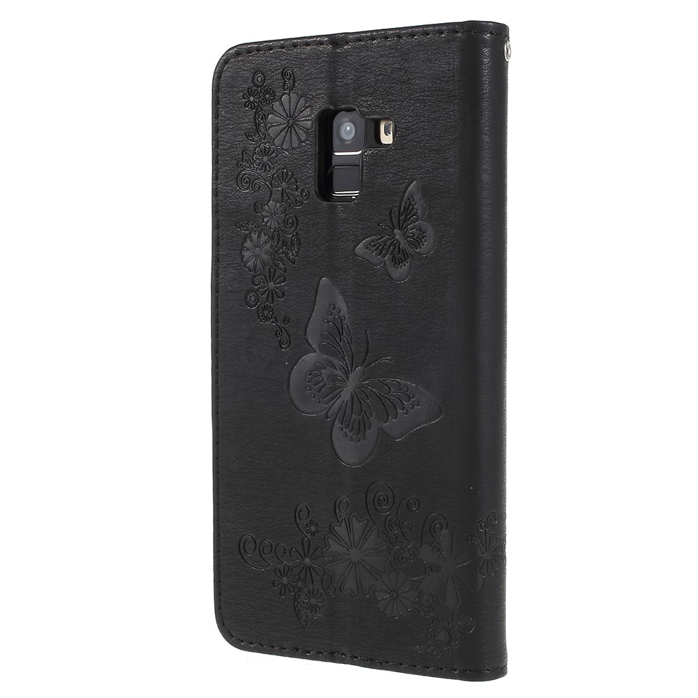 Caixa de Couro Com Carteira de Flores de Borboleta Impressa Para o Samsung Galaxy A8 (2018) - Preto