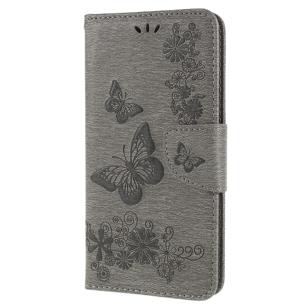 Imprinted Butterfly Flowers Wallet Leather Stand Cover for Samsung Galaxy A8 (2018) - Grey-2