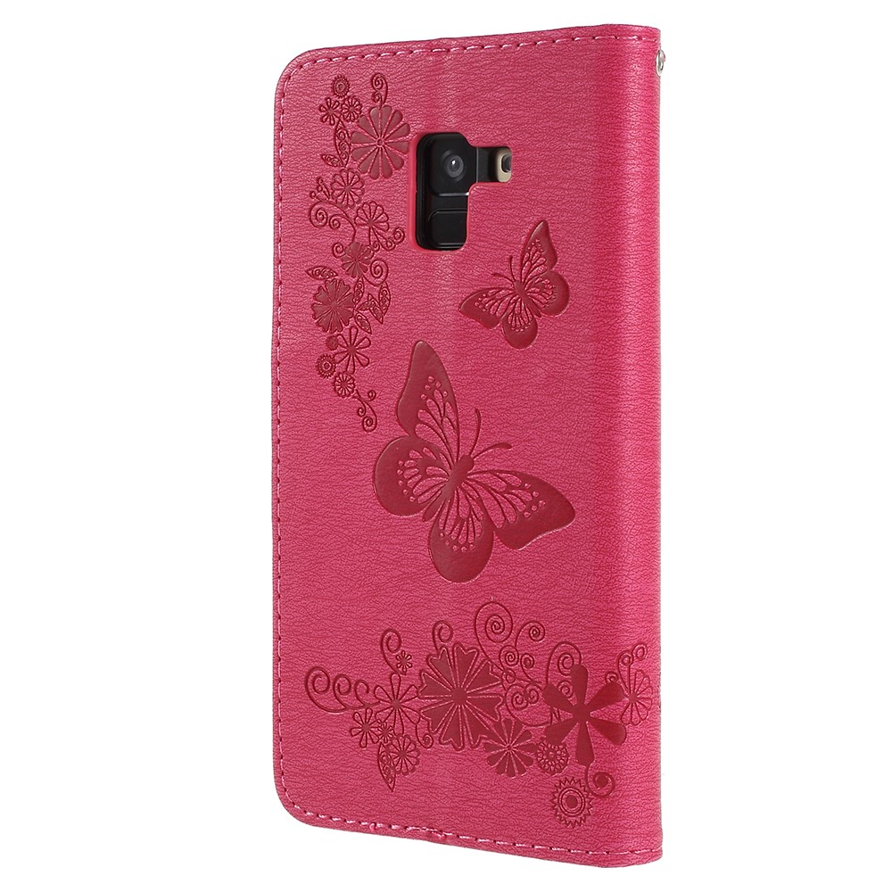 Imprinted Butterfly Flowers Stand Wallet Leather Shell for Samsung Galaxy A8 (2018) - Rose-3