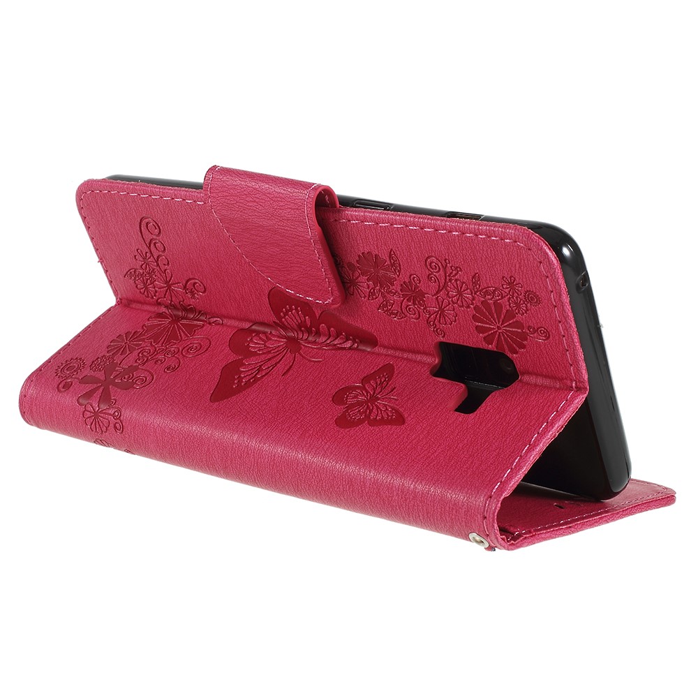 Imprinted Butterfly Flowers Stand Wallet Leather Shell for Samsung Galaxy A8 (2018) - Rose-5