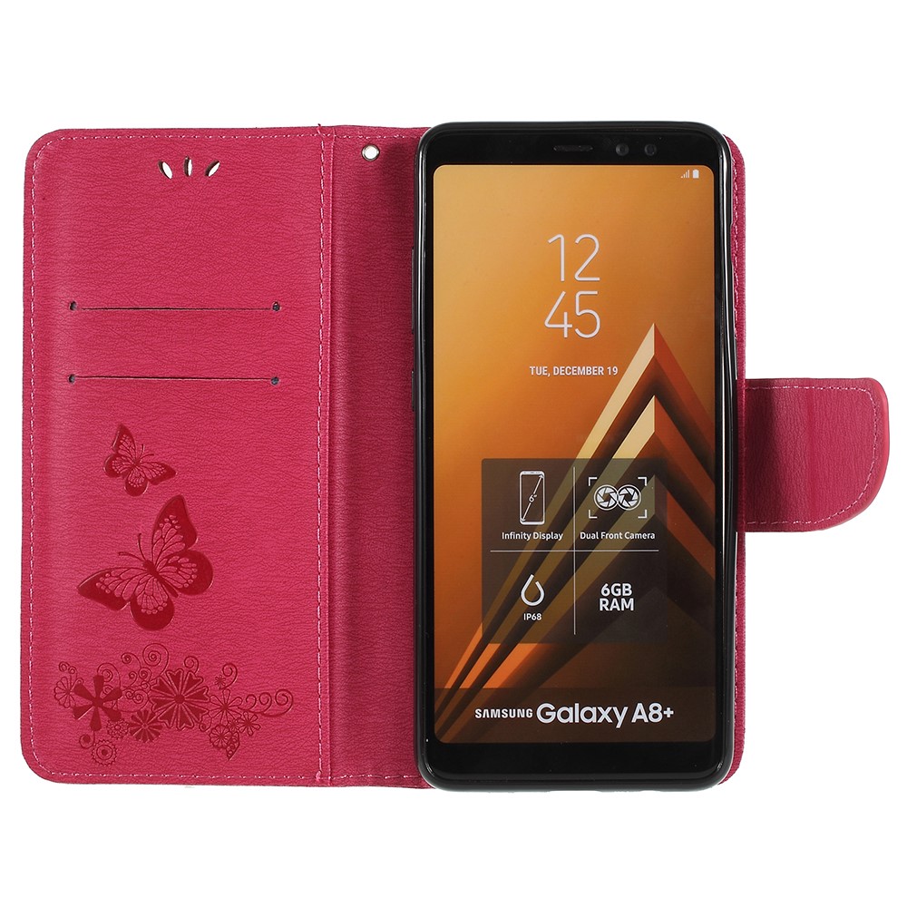 Imprinted Butterfly Flowers Stand Wallet Leather Shell for Samsung Galaxy A8 (2018) - Rose-6