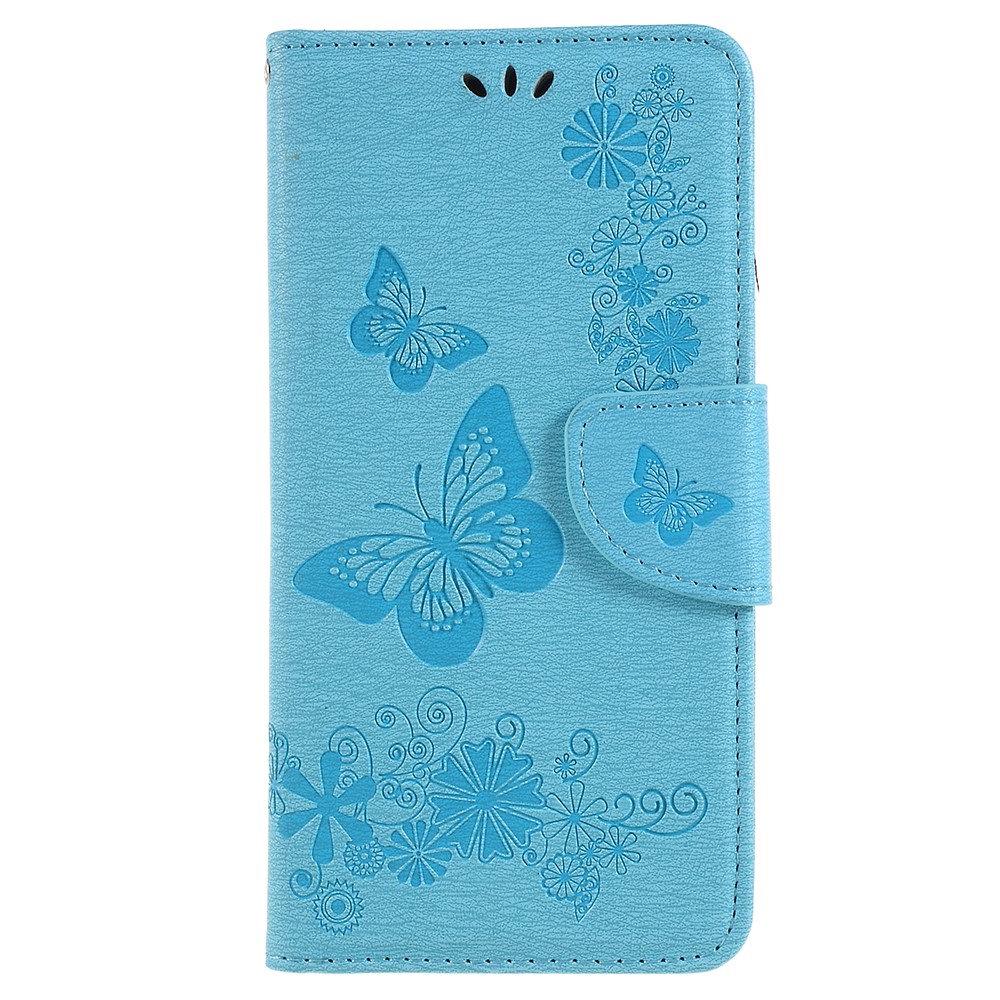 Imprinted Butterfly Flowers Card Holder Leather Mobile Phone Cover Shell for Samsung Galaxy A8 (2018) - Blue-1