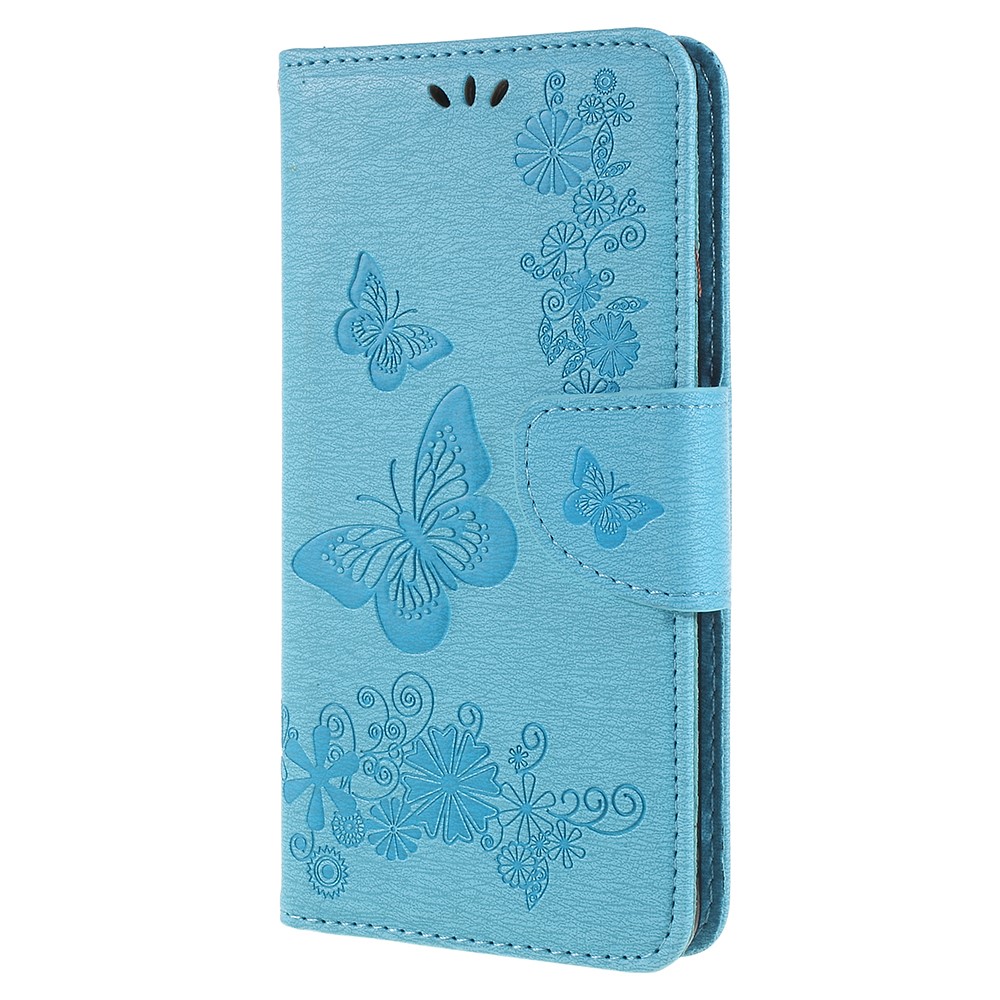 Imprinted Butterfly Flowers Card Holder Leather Mobile Phone Cover Shell for Samsung Galaxy A8 (2018) - Blue-2