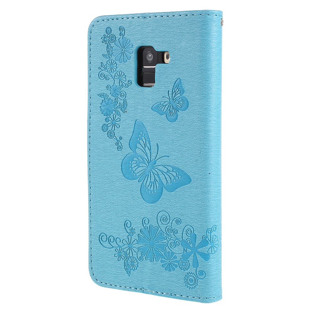 Imprinted Butterfly Flowers Card Holder Leather Mobile Phone Cover Shell for Samsung Galaxy A8 (2018) - Blue-3