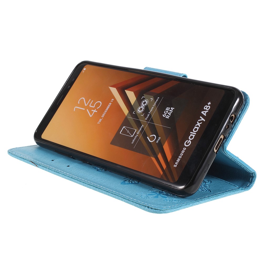 Imprinted Butterfly Flowers Card Holder Leather Mobile Phone Cover Shell for Samsung Galaxy A8 (2018) - Blue-4