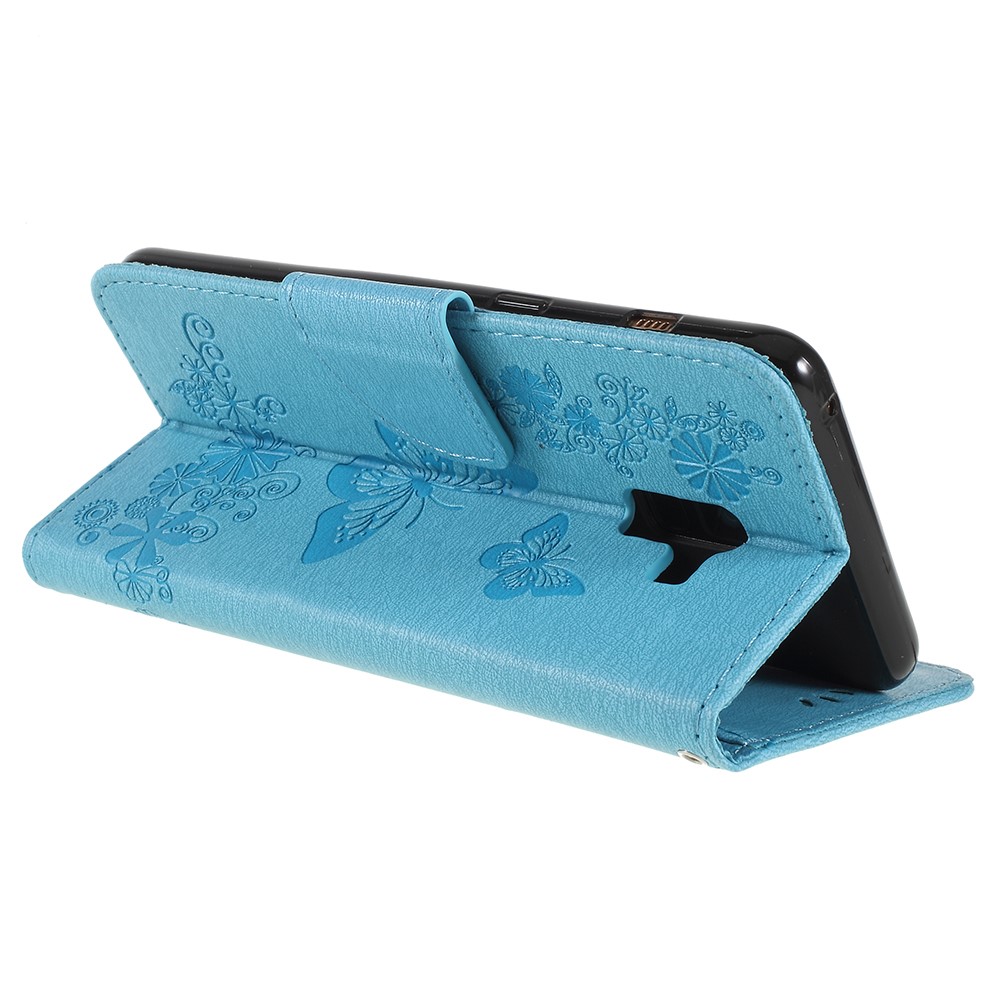 Imprinted Butterfly Flowers Card Holder Leather Mobile Phone Cover Shell for Samsung Galaxy A8 (2018) - Blue-5