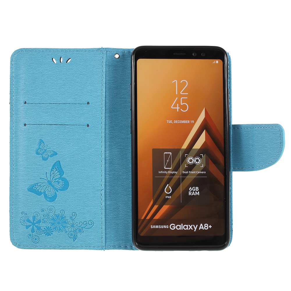 Imprinted Butterfly Flowers Card Holder Leather Mobile Phone Cover Shell for Samsung Galaxy A8 (2018) - Blue-6