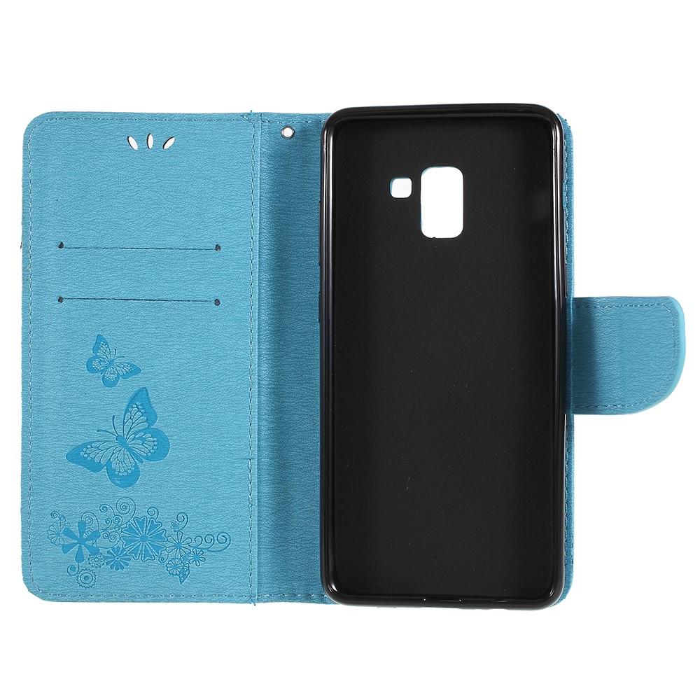 Imprinted Butterfly Flowers Card Holder Leather Mobile Phone Cover Shell for Samsung Galaxy A8 (2018) - Blue-7