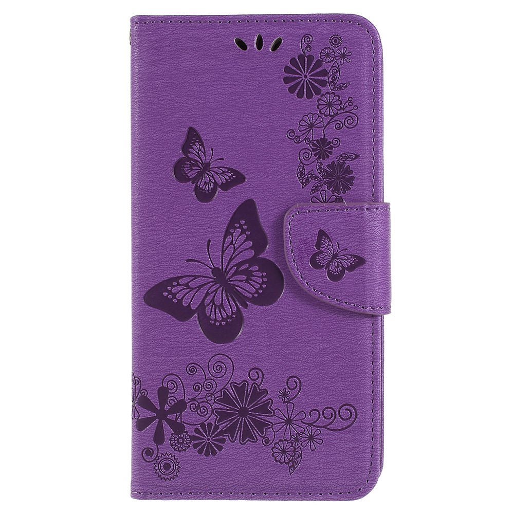 Imprinted Butterfly Flowers Leather Flip Stand Mobile Phone Cover for Samsung Galaxy A8 (2018) - Purple-1