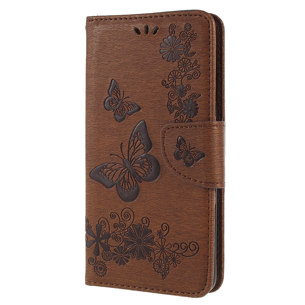 Imprinted Butterfly Flowers Folio Flip Leather Magnetic Wallet Shell for Samsung Galaxy A8 (2018) - Brown-2