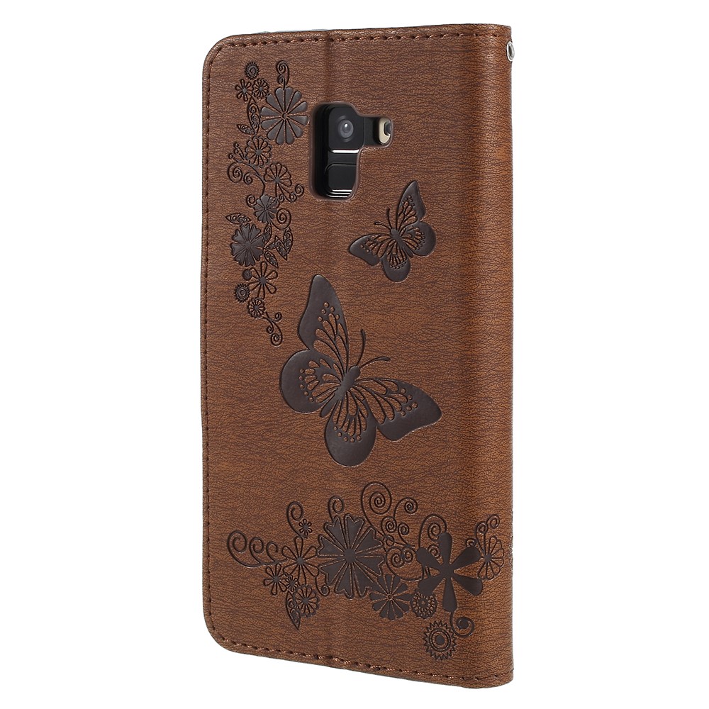 Imprinted Butterfly Flowers Folio Flip Leather Magnetic Wallet Shell for Samsung Galaxy A8 (2018) - Brown-3