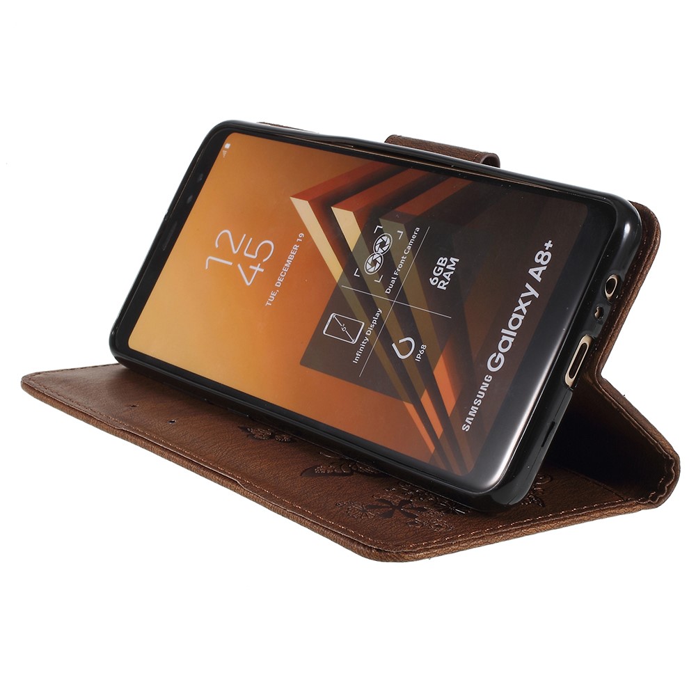 Imprinted Butterfly Flowers Folio Flip Leather Magnetic Wallet Shell for Samsung Galaxy A8 (2018) - Brown-4