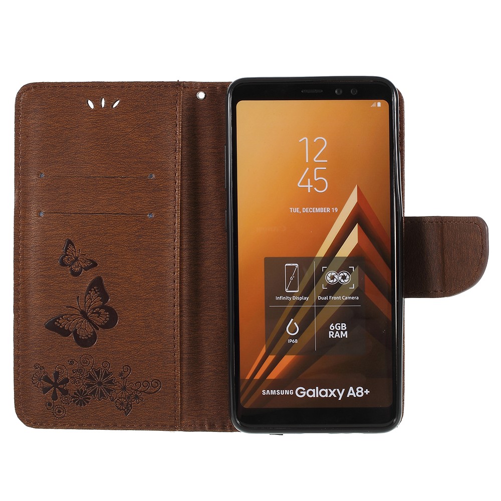 Imprinted Butterfly Flowers Folio Flip Leather Magnetic Wallet Shell for Samsung Galaxy A8 (2018) - Brown-6