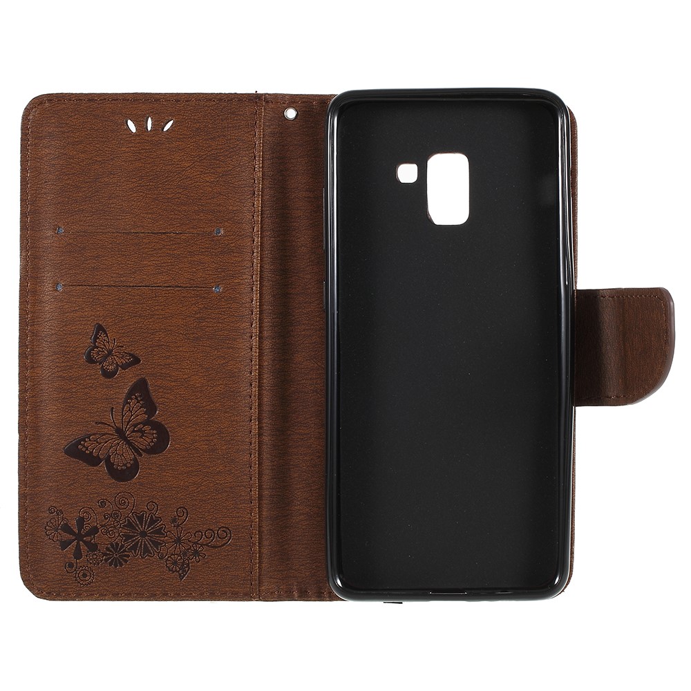 Imprinted Butterfly Flowers Folio Flip Leather Magnetic Wallet Shell for Samsung Galaxy A8 (2018) - Brown-7