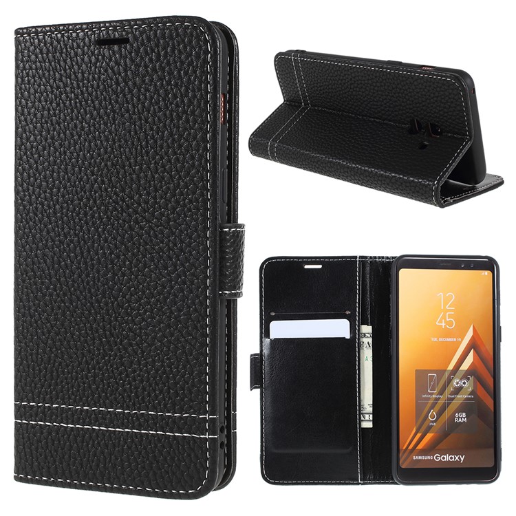 Litchi Texture Wallet Leather Stand Case for Samsung Galaxy A8 (2018) - Black-1