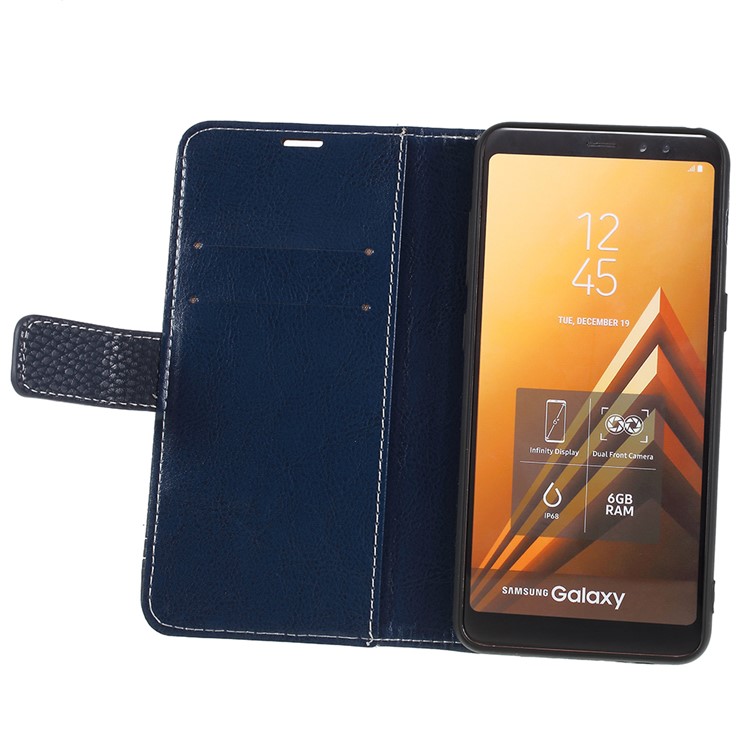 Litchi Texture PU Leather Wallet Stand Mobile Case for Samsung Galaxy A8 (2018) - Dark Blue-6