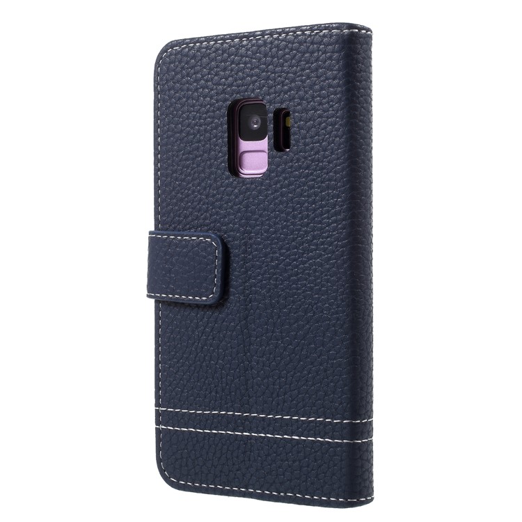 Litchi Texture Wallet Stand Leather Mobile Shell for Samsung Galaxy S9 SM-G960 - Dark Blue-2