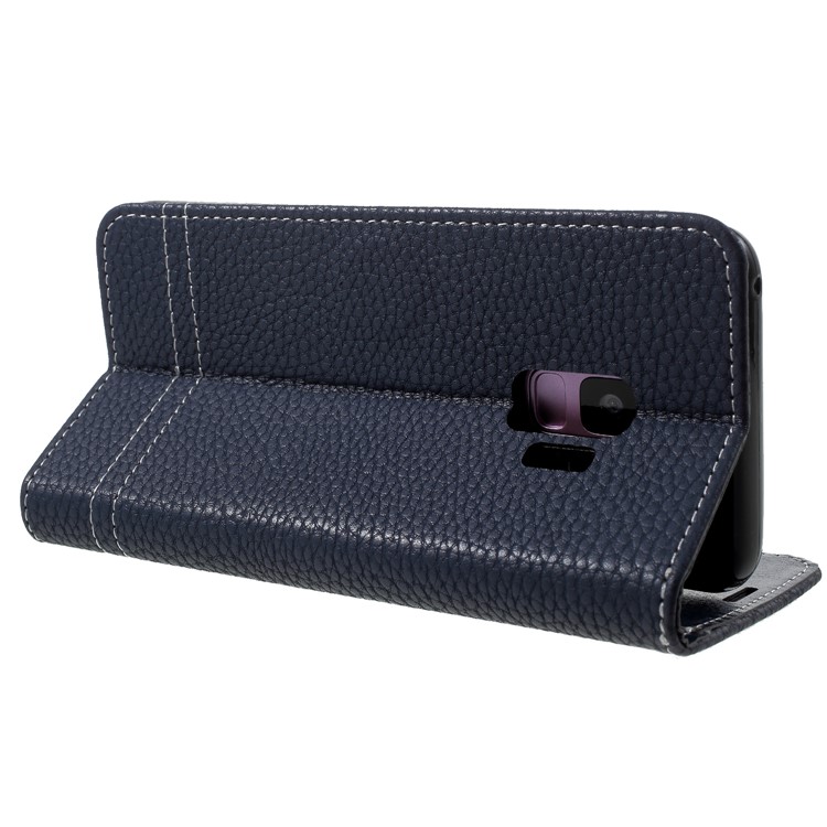 Litchi Texture Wallet Stand Leather Mobile Shell for Samsung Galaxy S9 SM-G960 - Dark Blue-5