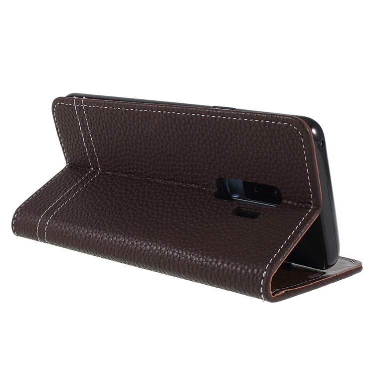 Litchi Texture Card Holder Leather Mobile Phone Cover Shell for Samsung Galaxy S9 Plus SM-G965 - Coffee-5