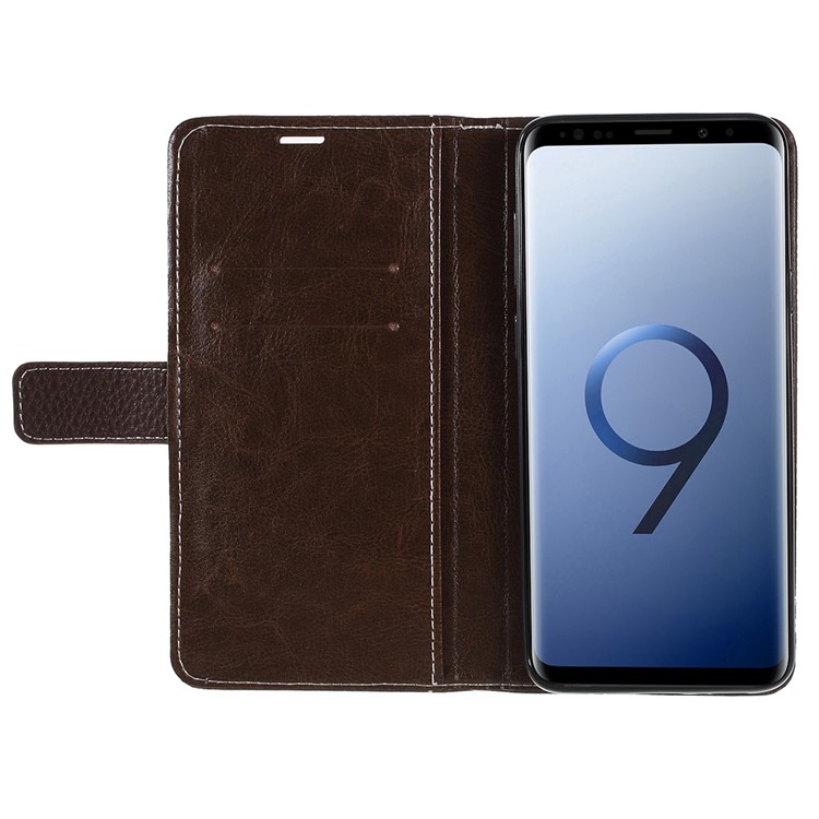 Litchi Texture Card Holder Leather Mobile Phone Cover Shell for Samsung Galaxy S9 Plus SM-G965 - Coffee-6