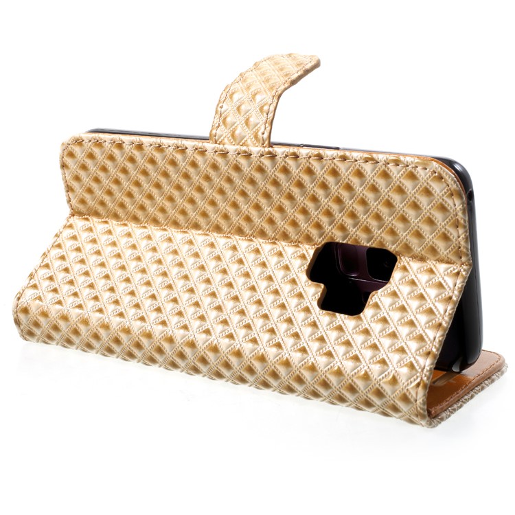 Rhombus Pattern Leather Wallet Cover for Samsung Galaxy S9 SM-G960 - Gold-5