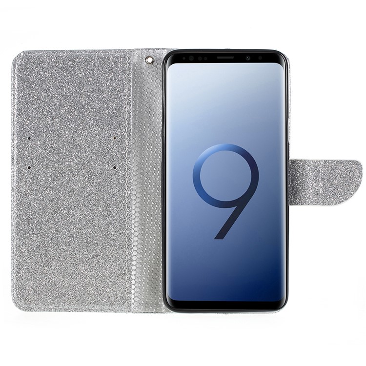 Flash Powder Leather Wallet Phone Case with Stand for Samsung Galaxy S9+ G965 - Silver-6