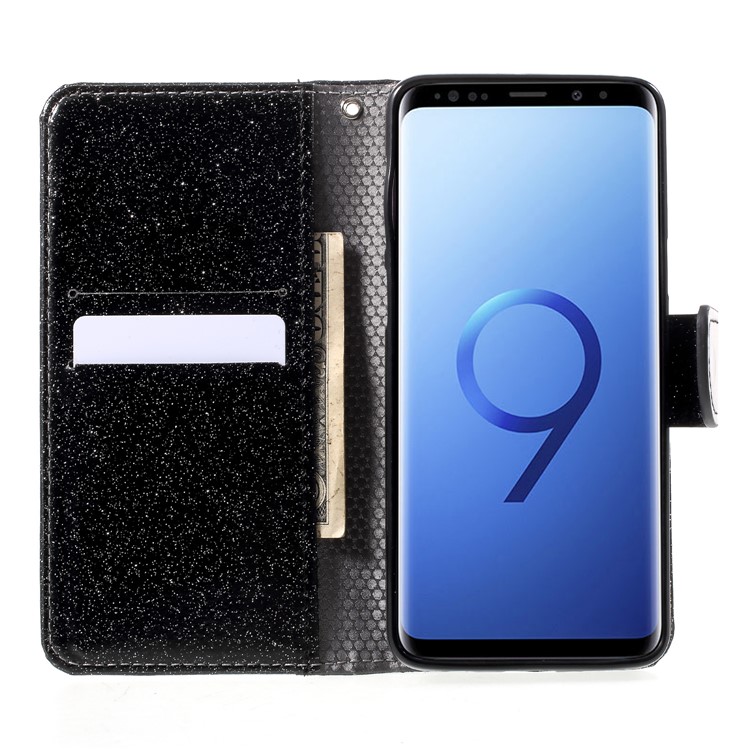 Glittery Powder Stand Leather Phone Cover for Samsung Galaxy S9 SM-G960 - Black-6