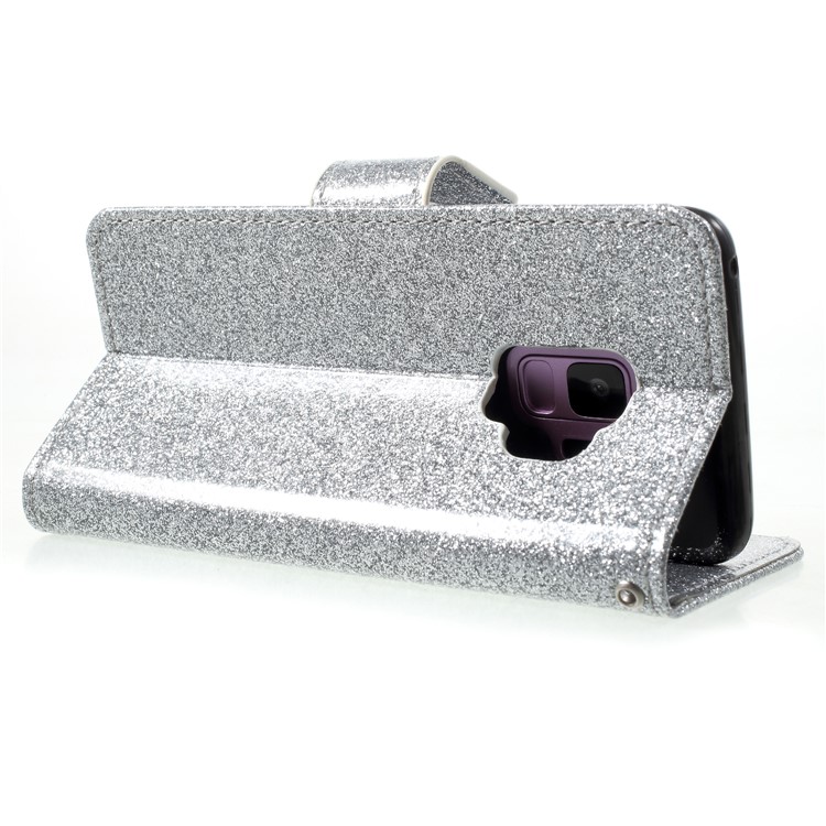Glittery Powder Stand Leather Phone Shell for Samsung Galaxy S9 SM-G960 - Silver-5