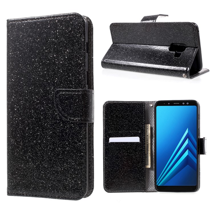 Flash Powder Leather Wallet Case for Samsung Galaxy A8+ (2018) - Black-1