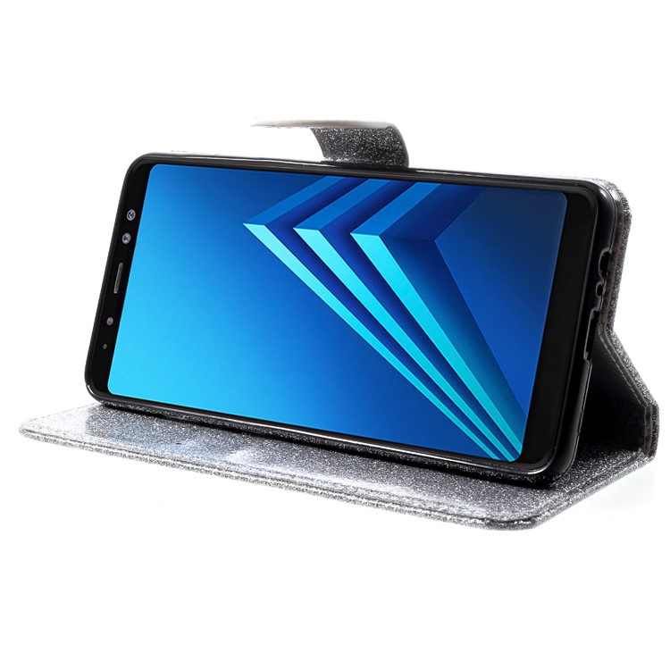 Flash Powder Leather Wallet Case Shell for Samsung Galaxy A8+ (2018) - Silver-4