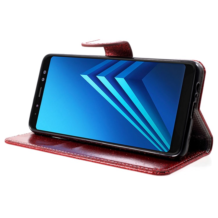 Flash Powder Wallet Leather Stand Cover for Samsung Galaxy A8+ (2018) - Red-4