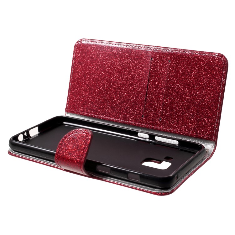 Flash Powder Wallet Leather Stand Cover for Samsung Galaxy A8+ (2018) - Red-6
