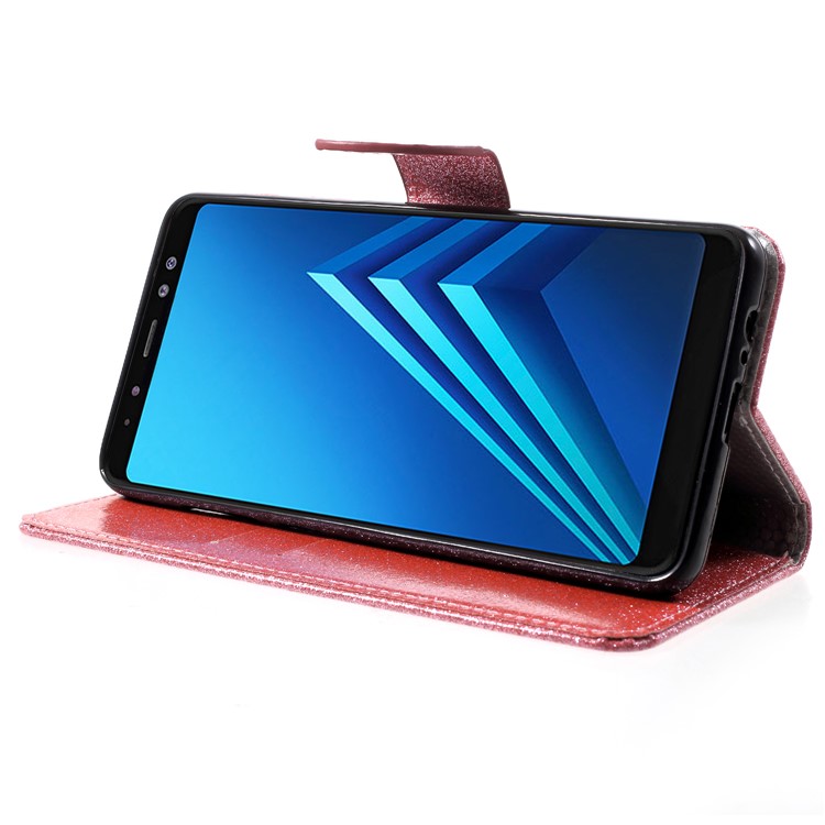 Flash Powder Cell Phone Leather Wallet Case for Samsung Galaxy A8+ (2018) - Pink-4