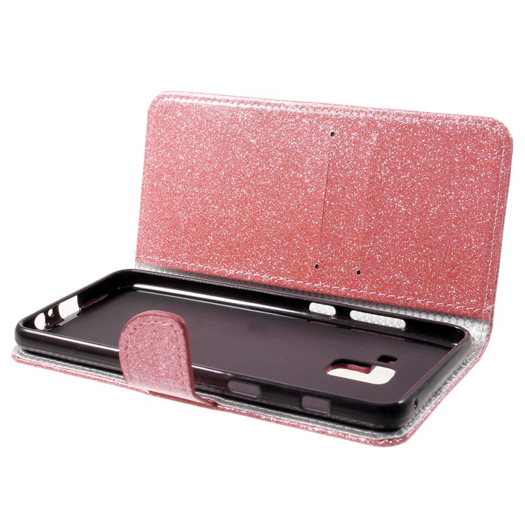 Flash Powder Cell Phone Leather Wallet Case for Samsung Galaxy A8+ (2018) - Pink-6