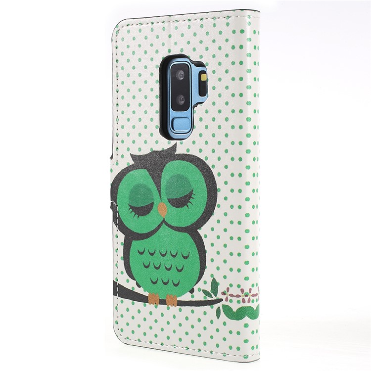 Patterned Wallet Stand Leather Mobile Case for Samsung Galaxy S9+ G965 - Green Napping Owl-3