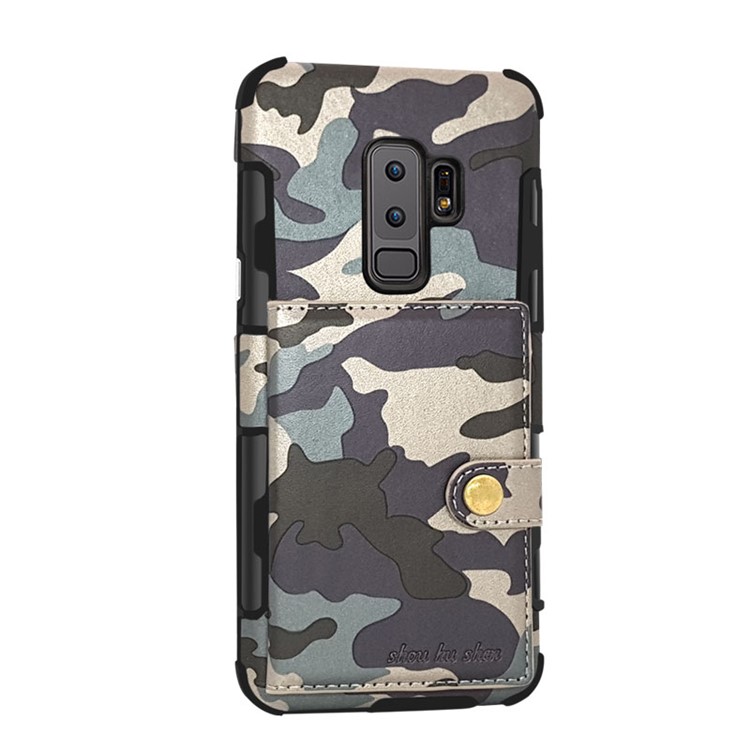 SHOUHUSHEN for Samsung Galaxy S9 Plus G965 Camouflage Pattern Leather Coated PC TPU Card Holder Shell- Dark Blue-1