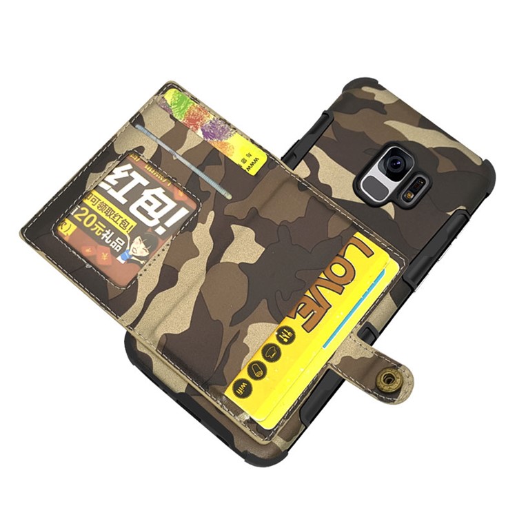 SHOUHUSHEN Camouflage Pattern Leather Coated PC TPU Card Holder Case for Samsung Galaxy S9 SM-G960 - Brown-13