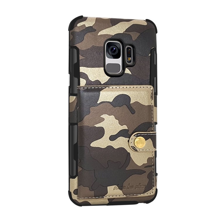SHOUHUSHEN Camouflage Pattern Leather Coated PC TPU Card Holder Case for Samsung Galaxy S9 SM-G960 - Brown-2