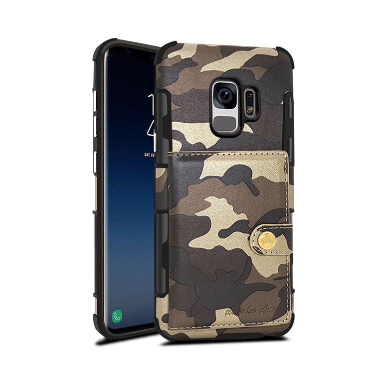 SHOUHUSHEN Camouflage Pattern Leather Coated PC TPU Card Holder Case for Samsung Galaxy S9 SM-G960 - Brown-3