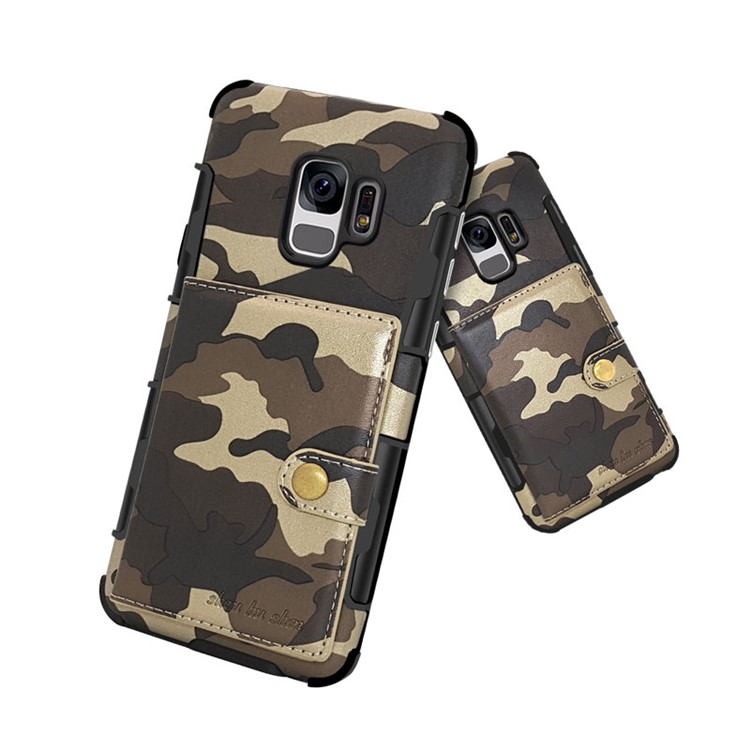 SHOUHUSHEN Camouflage Pattern Leather Coated PC TPU Card Holder Case for Samsung Galaxy S9 SM-G960 - Brown-4