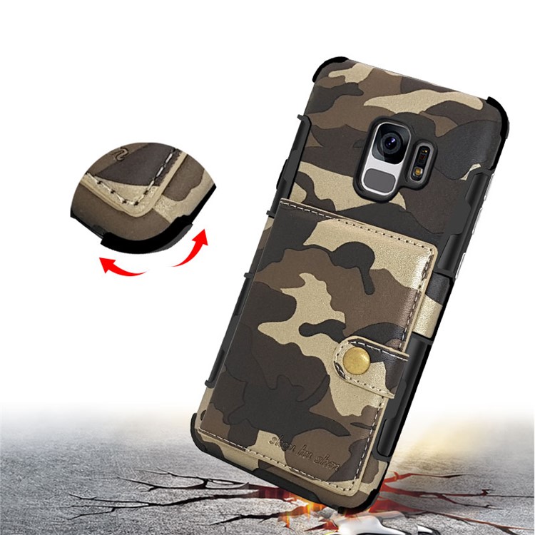 SHOUHUSHEN Camouflage Pattern Leather Coated PC TPU Card Holder Case for Samsung Galaxy S9 SM-G960 - Brown-5