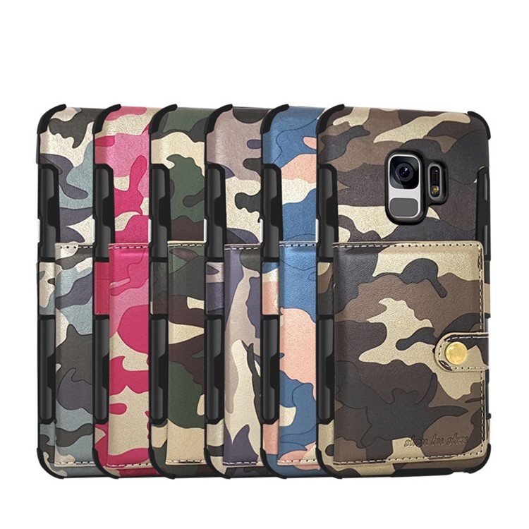 SHOUHUSHEN Camouflage Pattern Leather Coated PC TPU Card Holder Cover for Samsung Galaxy S9 SM-G960 - Purple-2
