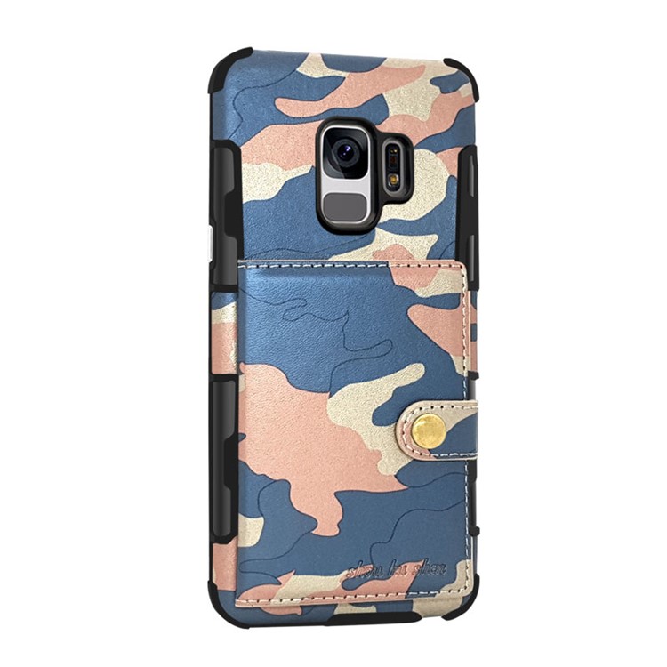 SHOUHUSHEN Camouflage Pattern PU Leather Coated PC TPU Card Holder Case for Samsung Galaxy S9 SM-G960 - Baby Blue-1