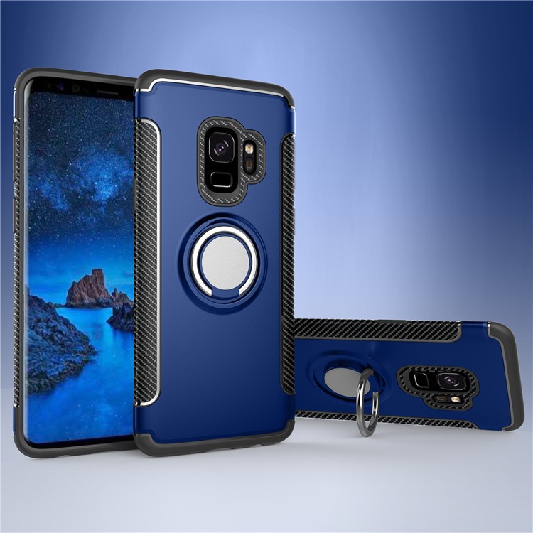 Magnetic Car Mount Ring Holder Kickstand TPU + PC Hybrid Mobile Phone Casing for Samsung Galaxy S9 SM-G960 - Dark Blue-1